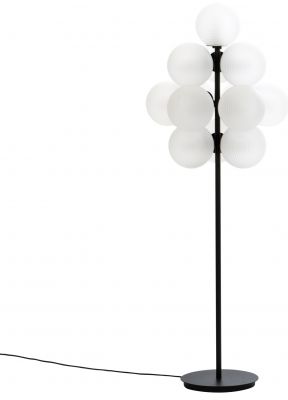 Stellar Grape Stehleuchte von Pulpo, transparent-schwarzes Gestell mit weißen Kugeln. Designlampe für Wohnzimmer.